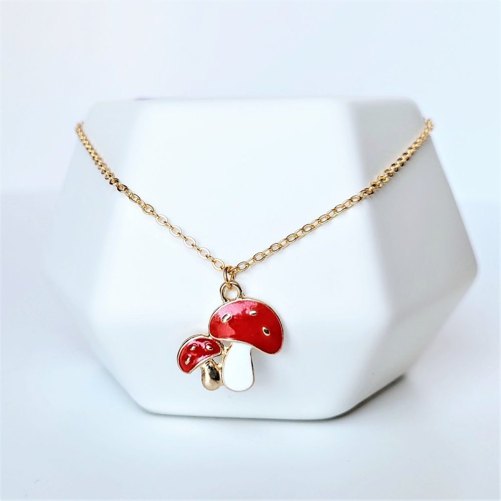 Red and White Cute Mushroom Necklace with Dainty Gold Chain